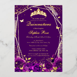 Paarse Bloemenvlinder Tiara Quinceanera Folie Uitnodiging
