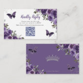 Paarse Bloemenvlinders Quinceañera QR Code RSVP Informatiekaartje (Voorkant / Achterkant)