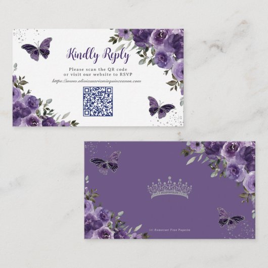 Paarse Bloemenvlinders Quinceañera QR Code RSVP Informatiekaartje (Voorkant / Achterkant)