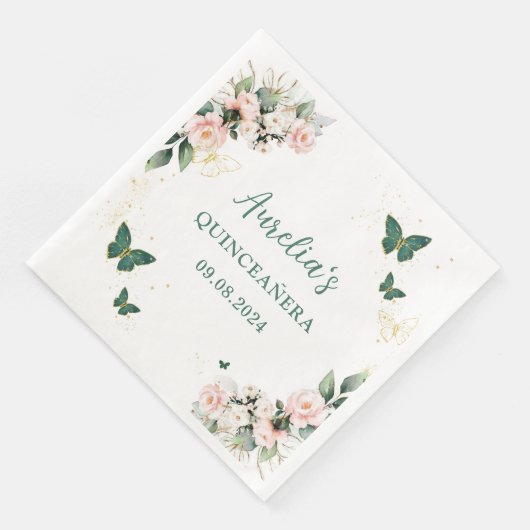 Paarse Bloemenvlinders Quinceanera servetten (Hoek)