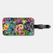 paarse bloemenzwart patroonmonogram bagagelabel (Achterkant horizontaal)