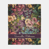 paarse bloemenzwart patroonmonogram fleece deken (Voorkant)