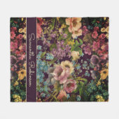 paarse bloemenzwart patroonmonogram fleece deken (Voorkant (Horizontaal))