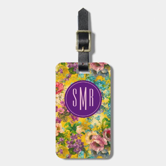 paarse bloemgeel patroonmonogram bagagelabel (Voorkant verticaal)