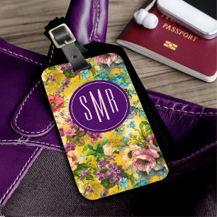 paarse bloemgeel patroonmonogram bagagelabel