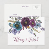 Paarse Bloemige Aquarel Elegante Trouw-RSVP Uitnodiging Briefkaart (Voorkant / Achterkant)