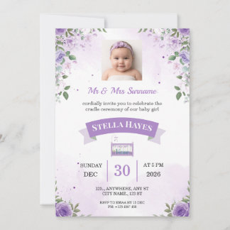 Paarse Bloemige Baby Meisje Wieg Ceremonie Uitnodi Kaart
