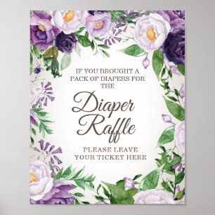 Paarse bloemige babyshower luierspel poster