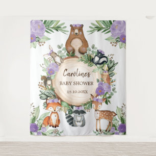 Paarse Bloemige Bosdieren Baby Shower Welkom Wandkleed