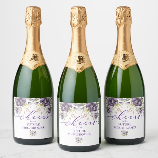 Paarse Bloemige Champagne Etiket (Flessen)