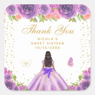 Paarse Bloemige Donkere Huid Prinses Sweet Sixteen Vierkante Sticker