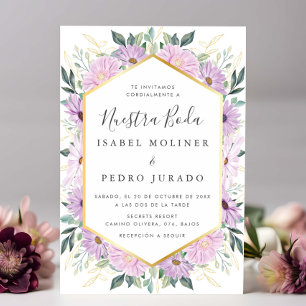 Paarse Bloemige Gouden Bladeren Nuestra Boda Trouw Kaart