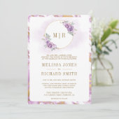 Paarse bloemige gouden marmeren alles-in-één bruil kaart (Staand voorkant)