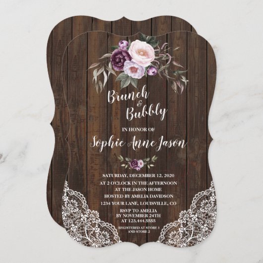 Paarse Bloemige Houten Brunch en Mousserende Bruid Kaart (Voorkant / Achterkant)