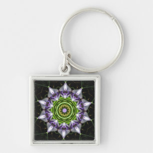Paarse Bloemige Mandala Kaleidoscoop Kunst Sleutelhanger