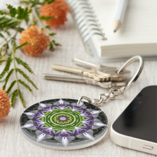 Paarse Bloemige Mandala Kaleidoscoop Kunst Sleutelhanger