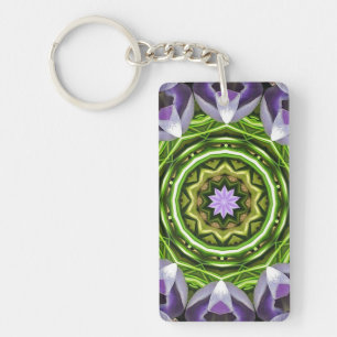 Paarse Bloemige Mandala Kaleidoscoop Kunst Sleutelhanger