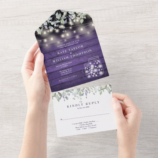 Paarse Bloemige Metselpotten Lichtsnoeren Bruiloft All In One Uitnodiging (Afscheurbaar)