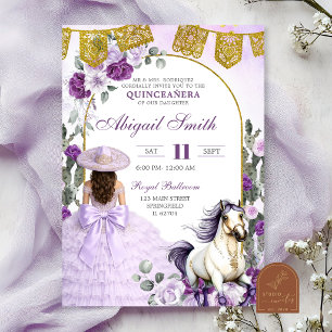 Paarse Bloemige Mexicaanse Charra Quinceanera Kaart