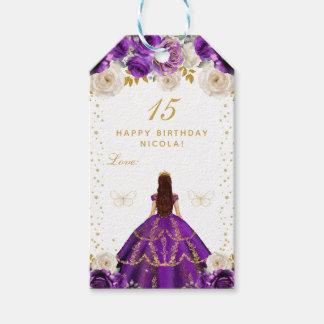 Paarse Bloemige Prinses Gelukkig Verjaardag Cadeaulabel