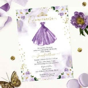 Paarse Bloemige Quinceanera Uitnodiging Tweetalig