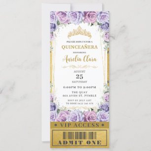 Paarse bloemige roos Quinceañera Sweet 16 VIP Tick Kaart