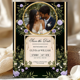 Paarse Bloemige 'Save the Date' met Foto Uitnodigi Kaart
