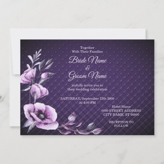 Paarse Bloemige Sierlijke Trouw Uitnodiging (Voorkant)