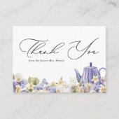 Paarse bloemige theepot bruidsthee dank u informatiekaartje (Voorkant)