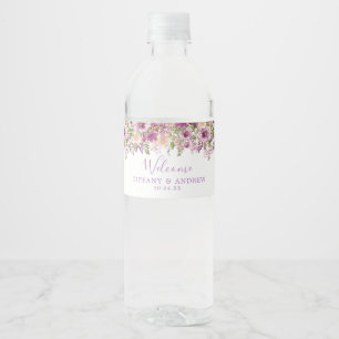 Paarse bloemige trouw-welkom waterfles label etiket