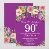 Paarse Bloemige Verrassing 90ste Verjaardagsuitnod Kaart (Voorkant / Achterkant)