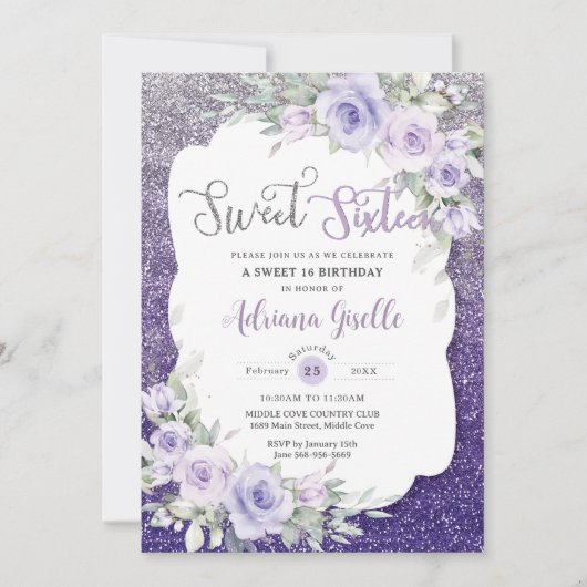 Paarse Bloemige Vlinders Zoete Zestien Kaart (Voorkant)