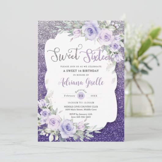 Paarse Bloemige Vlinders Zoete Zestien Kaart (Staand voorkant)