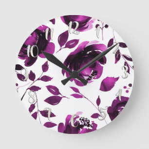 Paarse Bloemige Waterverf Bloemen Elegant Chic Ronde Klok
