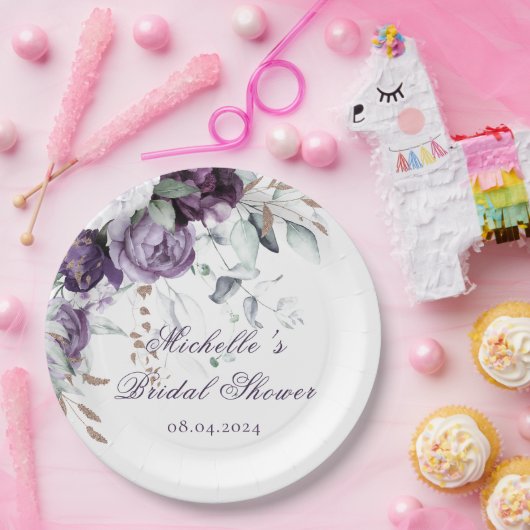 Paarse Bloemige Waterverf Elegante Bruidsuitnodigi Papieren Bordje (Feest)