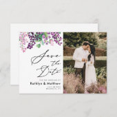 Paarse Bloemige Waterverf Script Foto Huwelijk Save The Date (Voorkant / Achterkant)