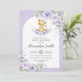 Paarse bloemige zoete leeuwenwelp baby shower kaart (Staand voorkant)