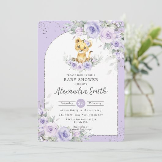 Paarse bloemige zoete leeuwenwelp baby shower kaart (Staand voorkant)