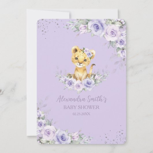 Paarse bloemige zoete leeuwenwelp baby shower kaart (Achterkant)