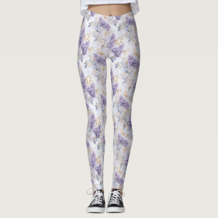 Paarse bloemmotief met gouden bladeren en takken leggings