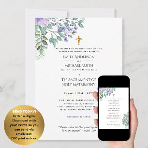 Paarse bloemrijke katholieke huwelijksmis Nuptial Kaart