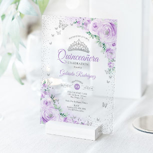 Paarse bloemschildering Waterverfrozen Quinceanera Acryl Uitnodigingen