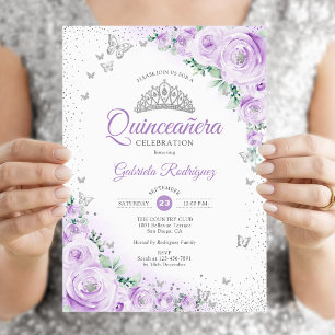 Paarse bloemschildering Waterverfrozen Quinceanera Kaart