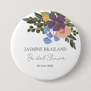 Paarse bloemstuk en groen boeket bruidsdouche ronde button 7,6 cm