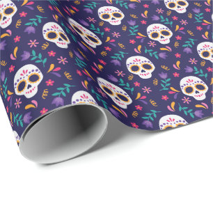Paarse Bloemsuiker Schedelpatroon Cadeaupapier