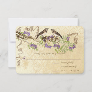 Paarse Blooms Groene Blad Vogelhuwelijk RSVP Kaartje