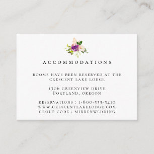 Paarse blos bloemenbruiloft accommodaties informatiekaartje