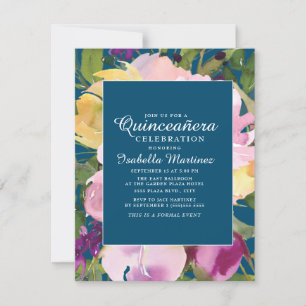 Paarse Blos Gele Bloemige Marineblauwe Quinceañera Kaart
