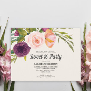 Paarse Blos Roze Aquarel Bloem Ivory Sweet 16 Briefkaart