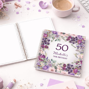 Paarse Blos Roze Bloemstuk Aangepaste 50e Verjaard Notitieboek